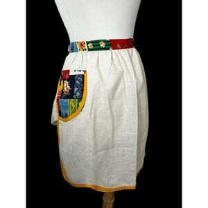 Vintage MCM Half Apron Linen Hostess Retro Floral Traditional Housewife MOM